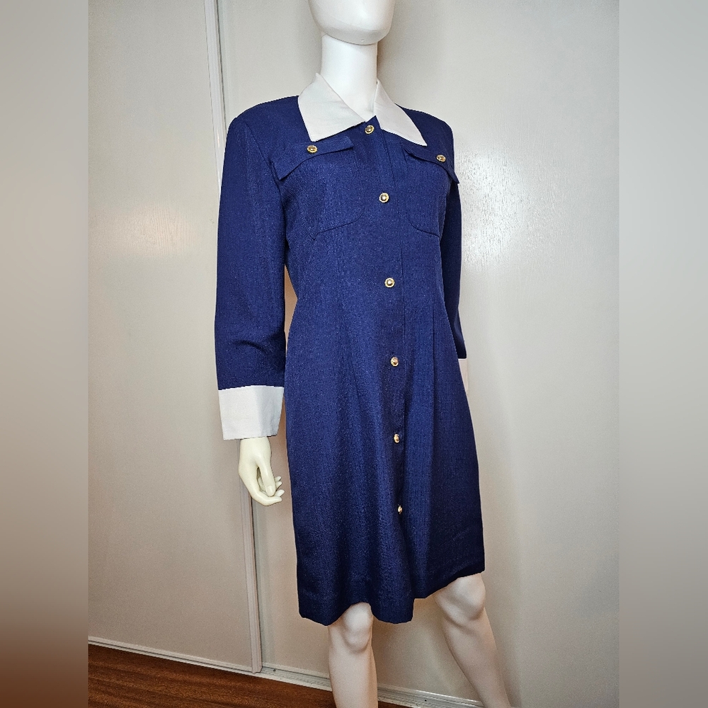 VTG Women's Shirt Dress w/ Gold Buttons  Size M Navy Secretary Modest Stewardess
